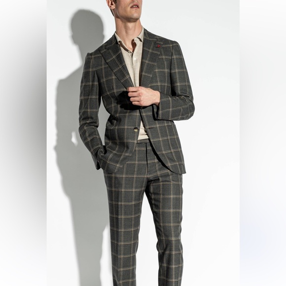Isaia Plaid Cashmere Wool Grey Suit Windowpane Size 50 Drop 8R Base Marechiaro - Picture 1 of 12